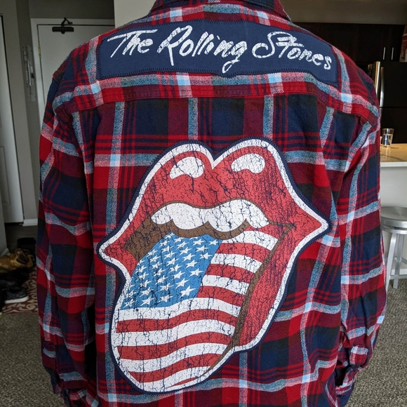 Rolling Stones Band Red Blue Custom Upcycled Flannel Button Down Sz Men's XL - Picture 3 of 8